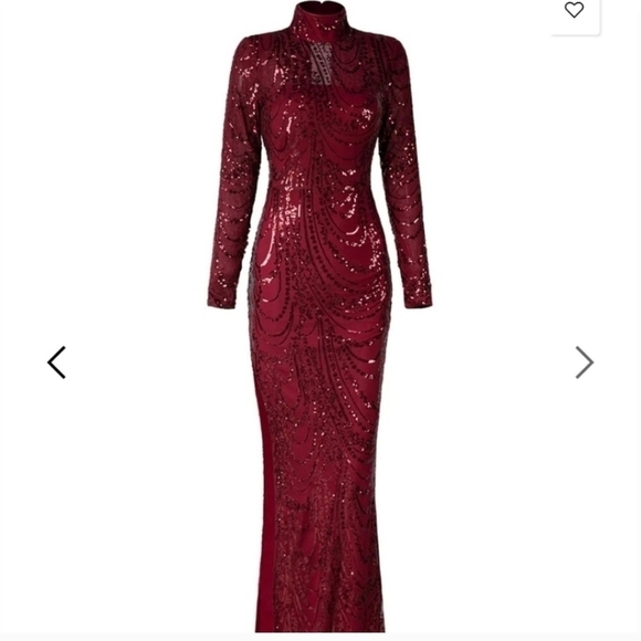 Red, Mock Neck,  Long Sleeved,  Keyhole Back,  Sequined Mermaid Maxi Gown - Picture 2 of 11